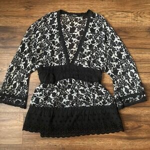 Black White Floral Lace Babydoll Top Women Small Sheer Whimsygoth Boho Y2K Fairy